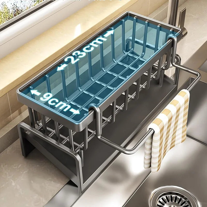 1-Pack 23×9×10cm Kitchen Sink Caddy Organizer - Gray Metal Storage Rack with Drain Tray & Towel Bar, Corner Smooth Design