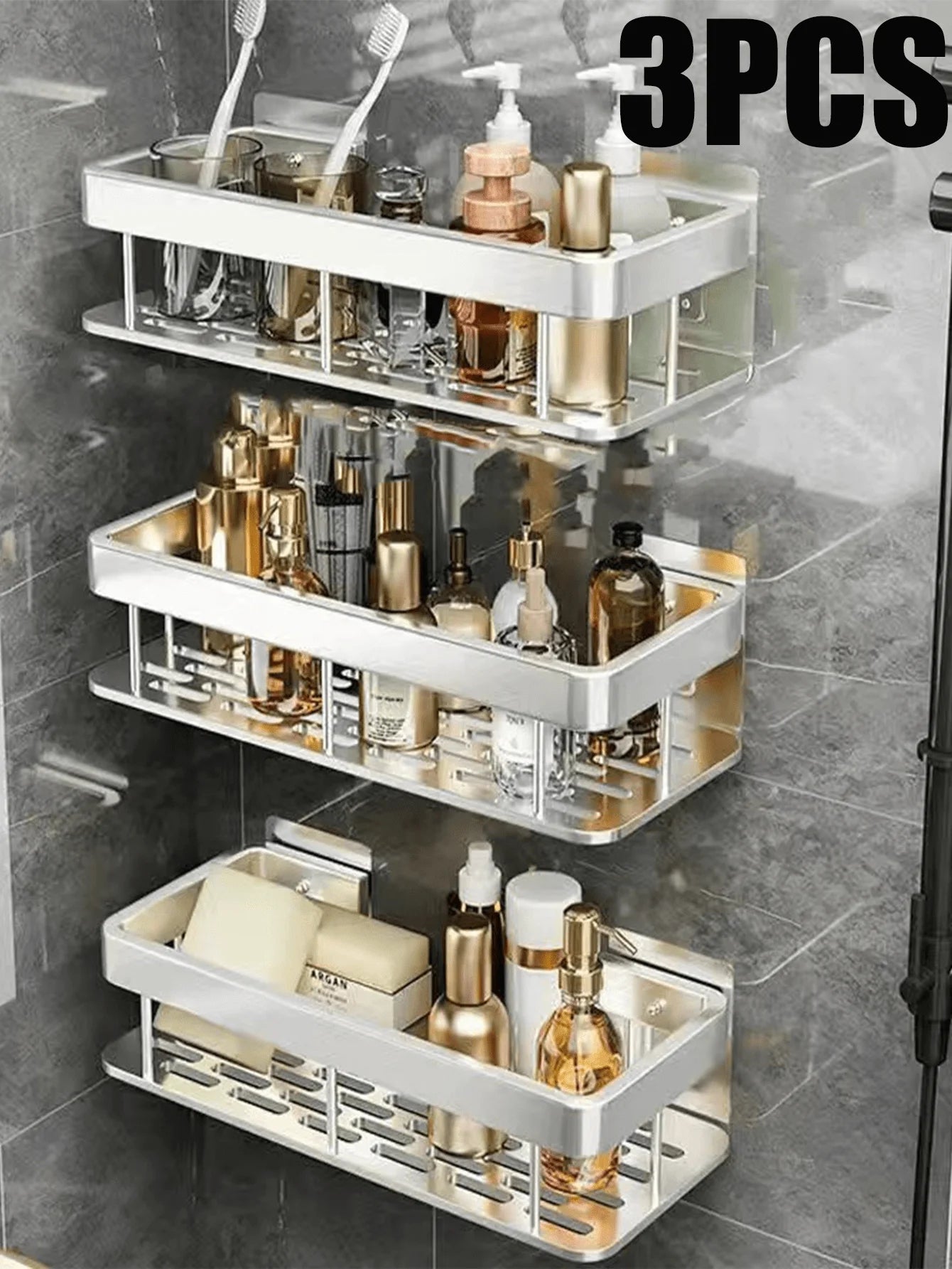 3PCS Adhesive Aluminum Shower Shelf: Rust-Proof No-Drill Bathroom Storage Organizer