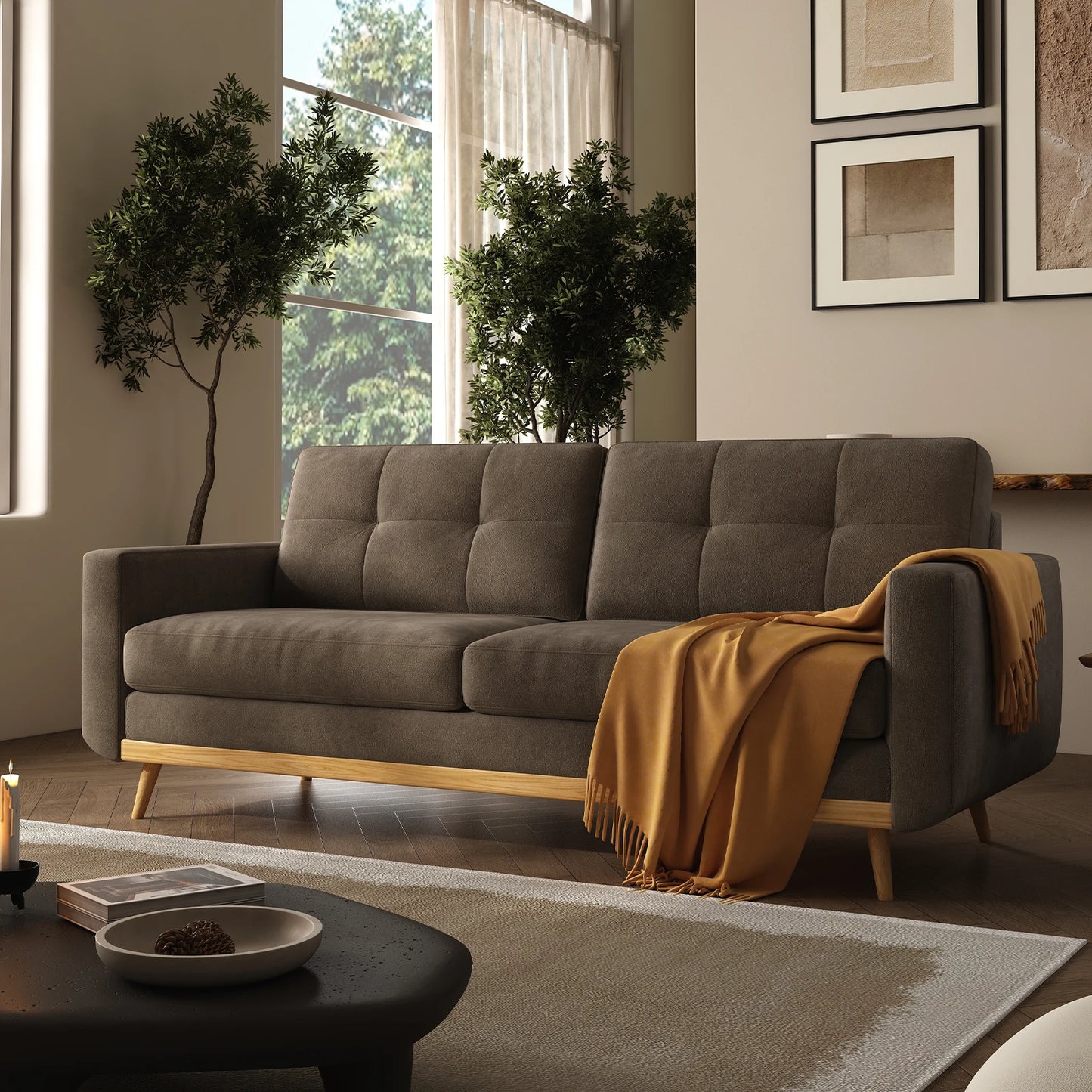 Mid-Century Modern Loveseat Sofa with Wooden Legs