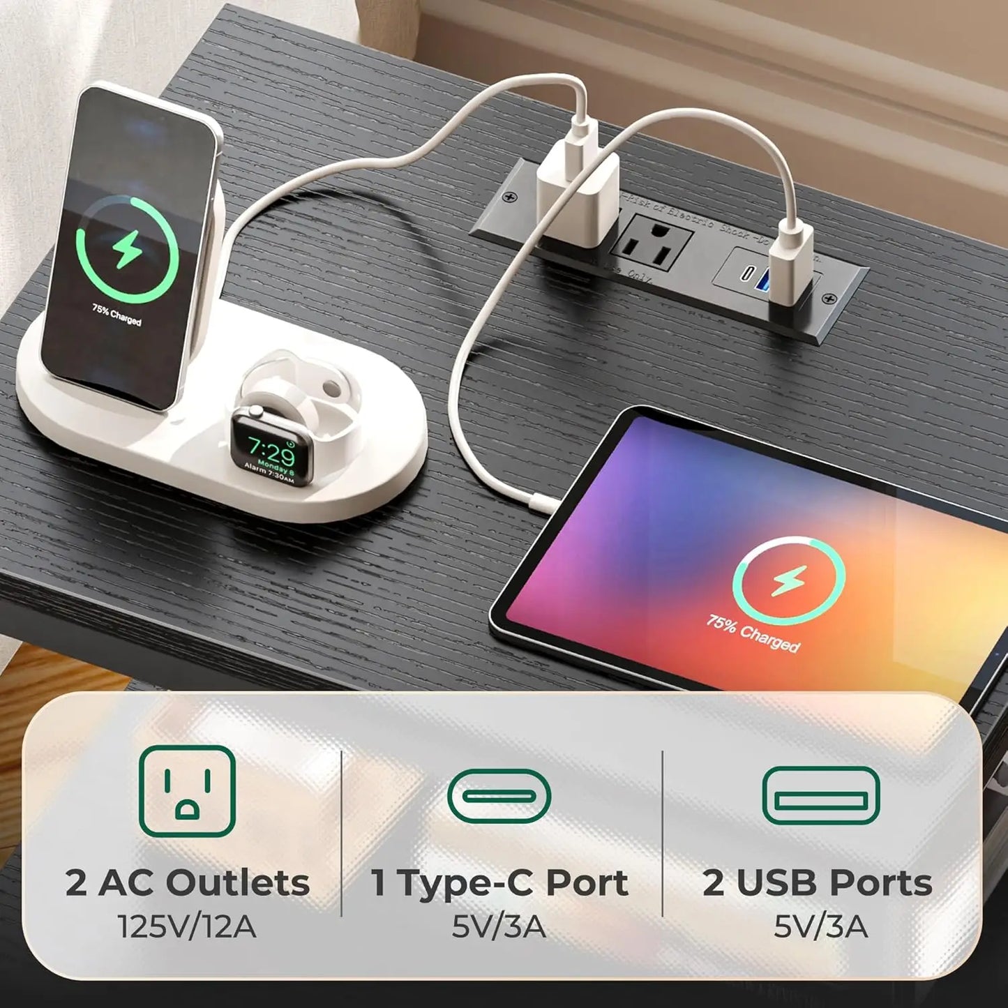 Modern Nightstand with Charging Station, LED Lights