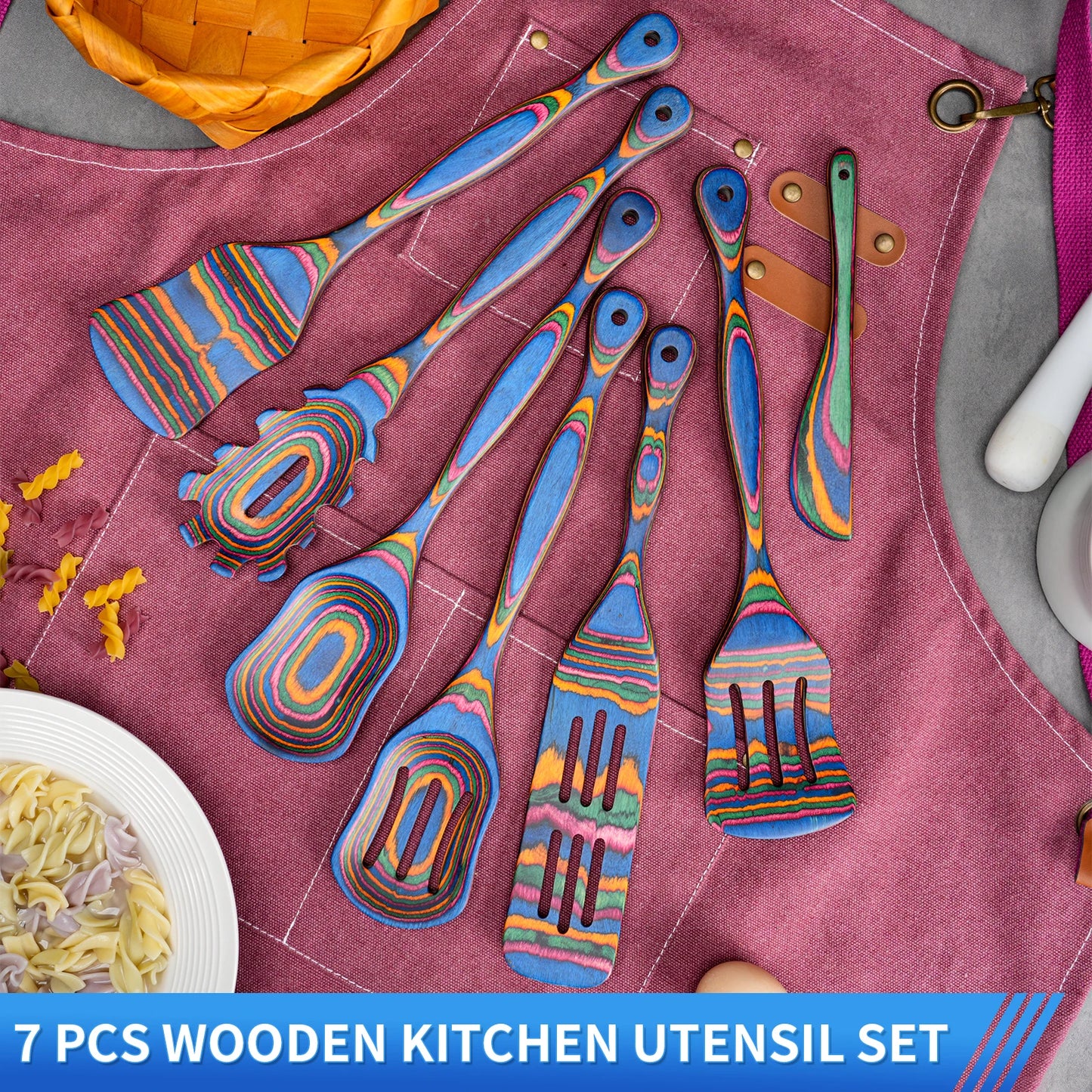7Pcs Blue Pakkawood Wooden Cooking Utensils