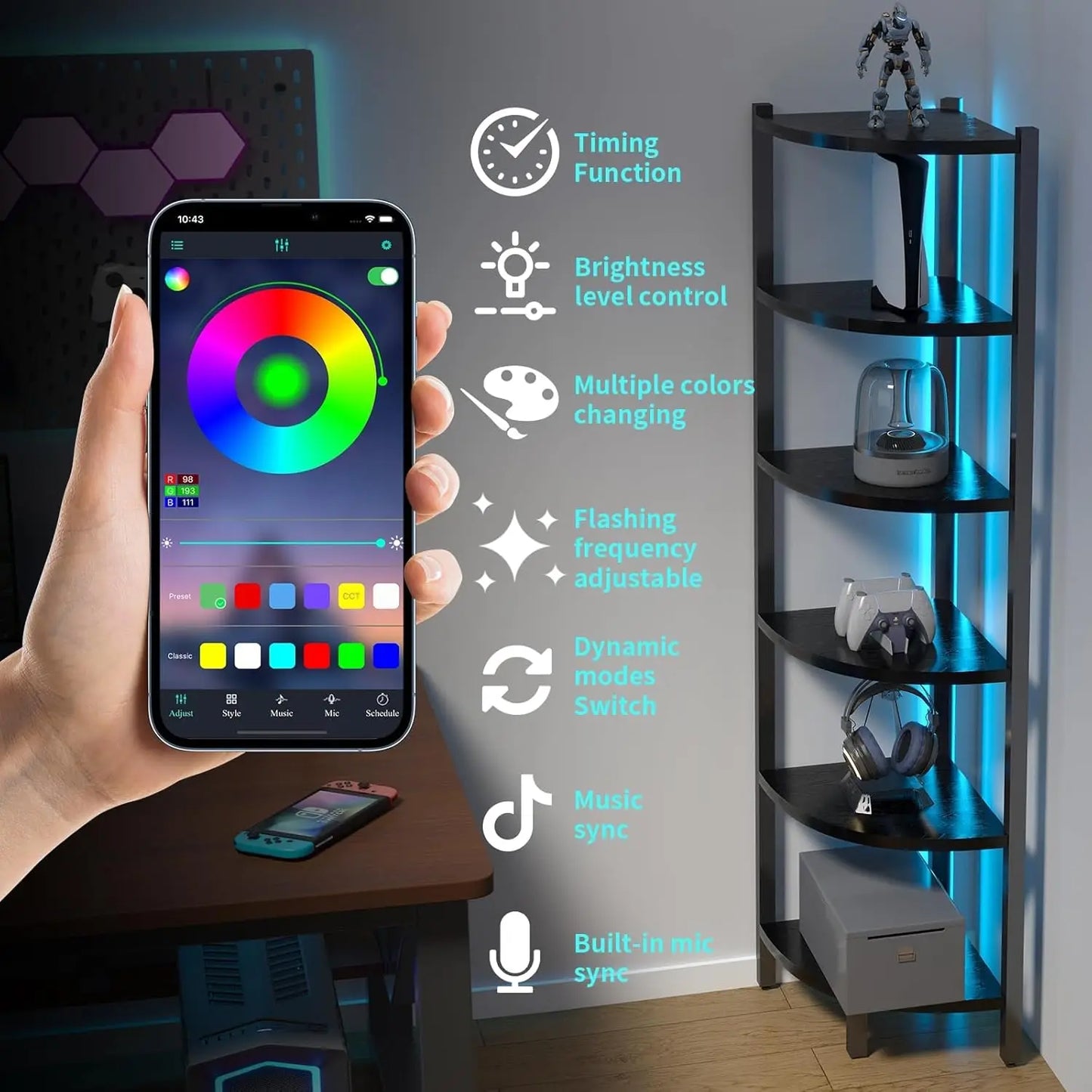 6-Tier Corner Shelf with LED Lights Display