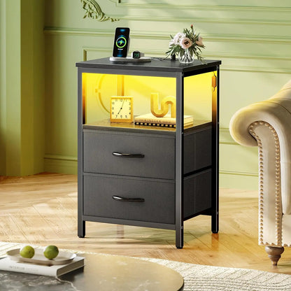 Modern Nightstand with Charging Station, LED Lights