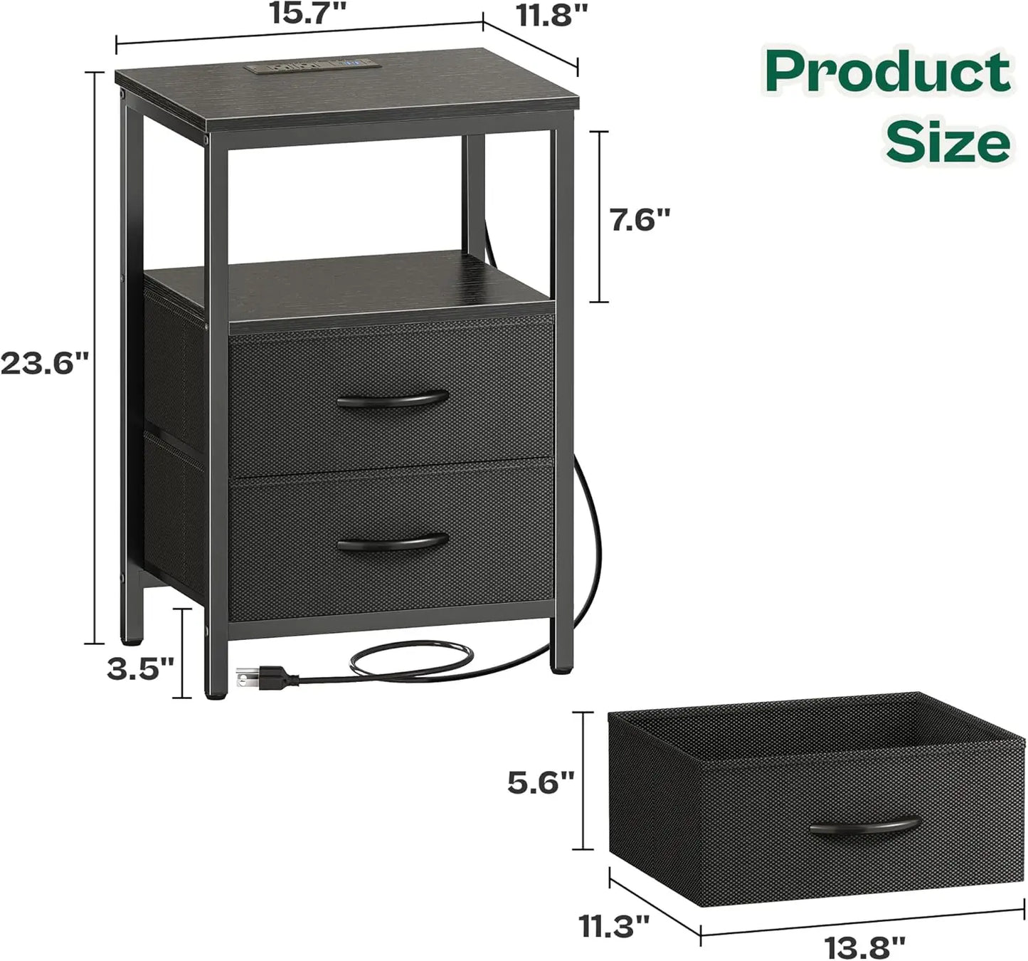 Modern Nightstand with Charging Station, LED Lights