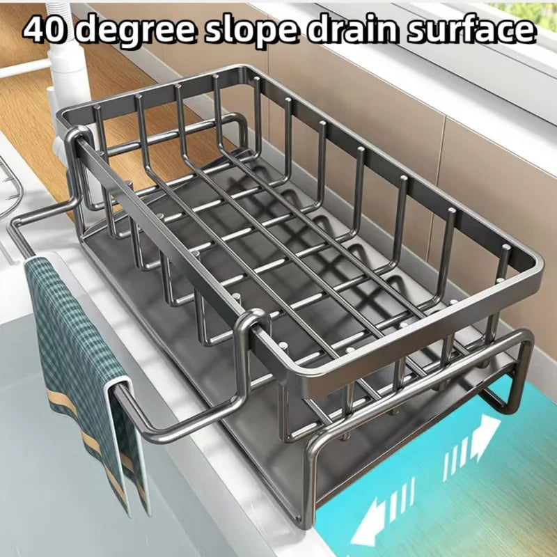 1-Pack 23×9×10cm Kitchen Sink Caddy Organizer - Gray Metal Storage Rack with Drain Tray & Towel Bar, Corner Smooth Design