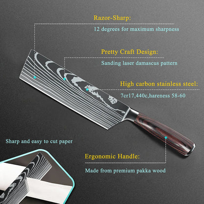 9 types of Stainless Steel Kitchen Knife,Japanese Chef Knife,Meat Cleaver,Santoku,Bread,Boning,Slicing,Fruit Knife with Gift Box