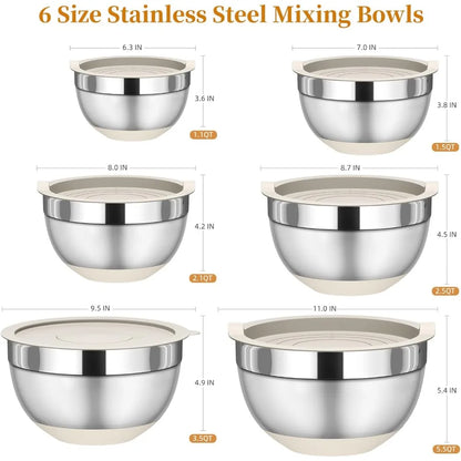6-Piece Stainless Steel Mixing Bowls with Lids