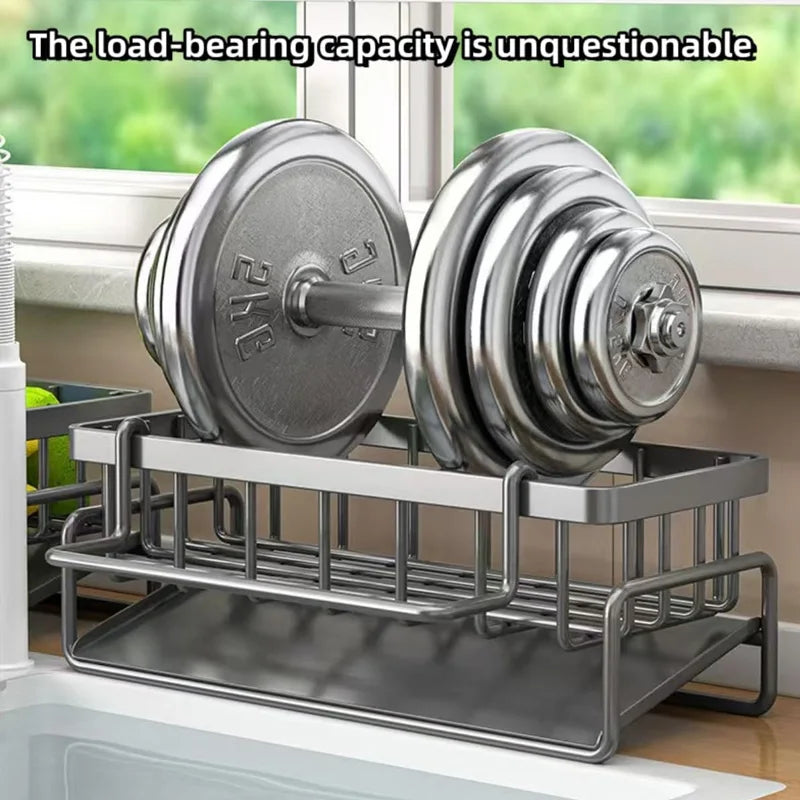 1-Pack 23×9×10cm Kitchen Sink Caddy Organizer - Gray Metal Storage Rack with Drain Tray & Towel Bar, Corner Smooth Design