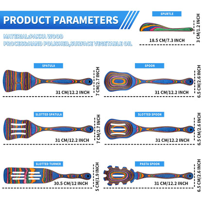 7Pcs Blue Pakkawood Wooden Cooking Utensils