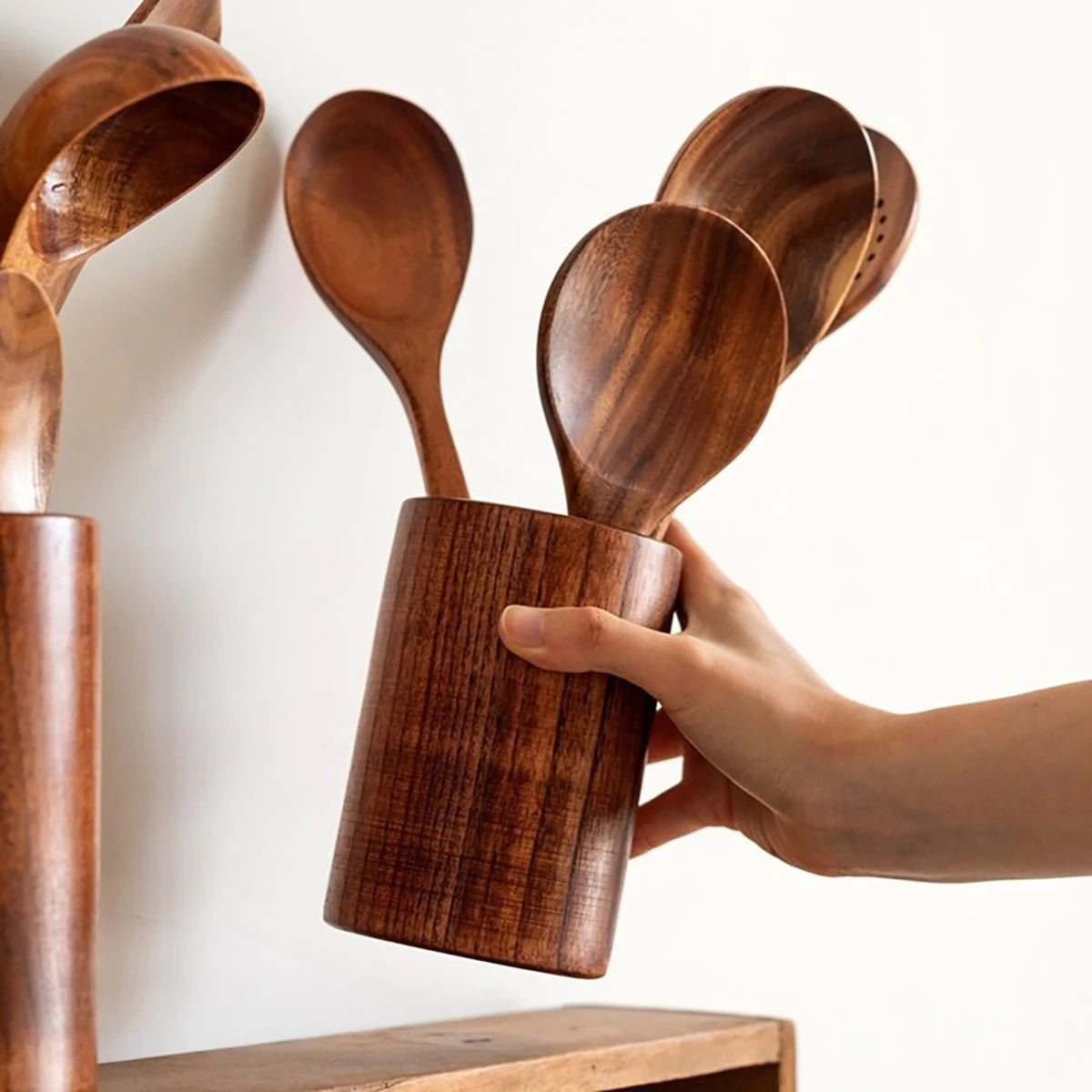 Wood Kitchenware Cooking Set With storage bucket