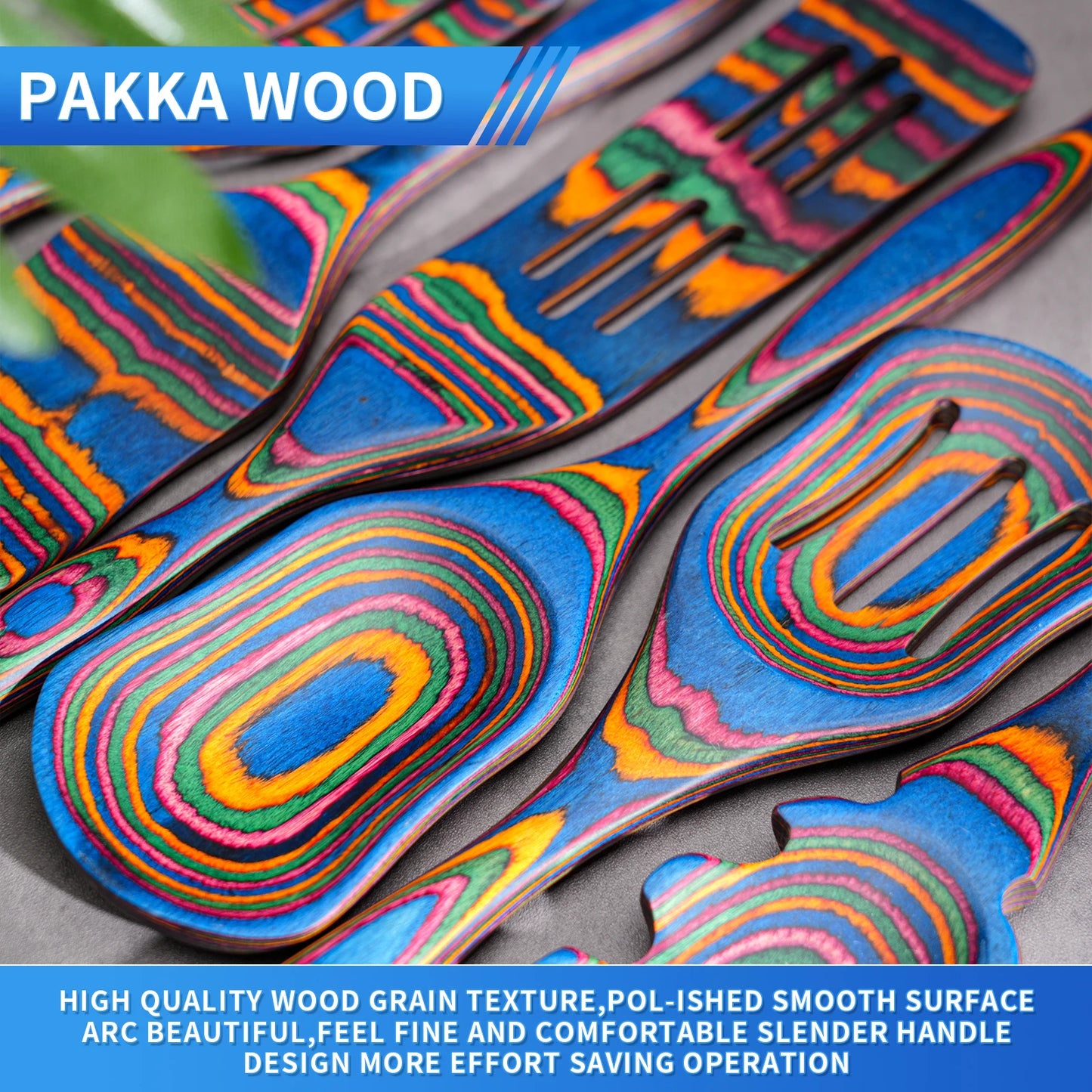 7Pcs Blue Pakkawood Wooden Cooking Utensils
