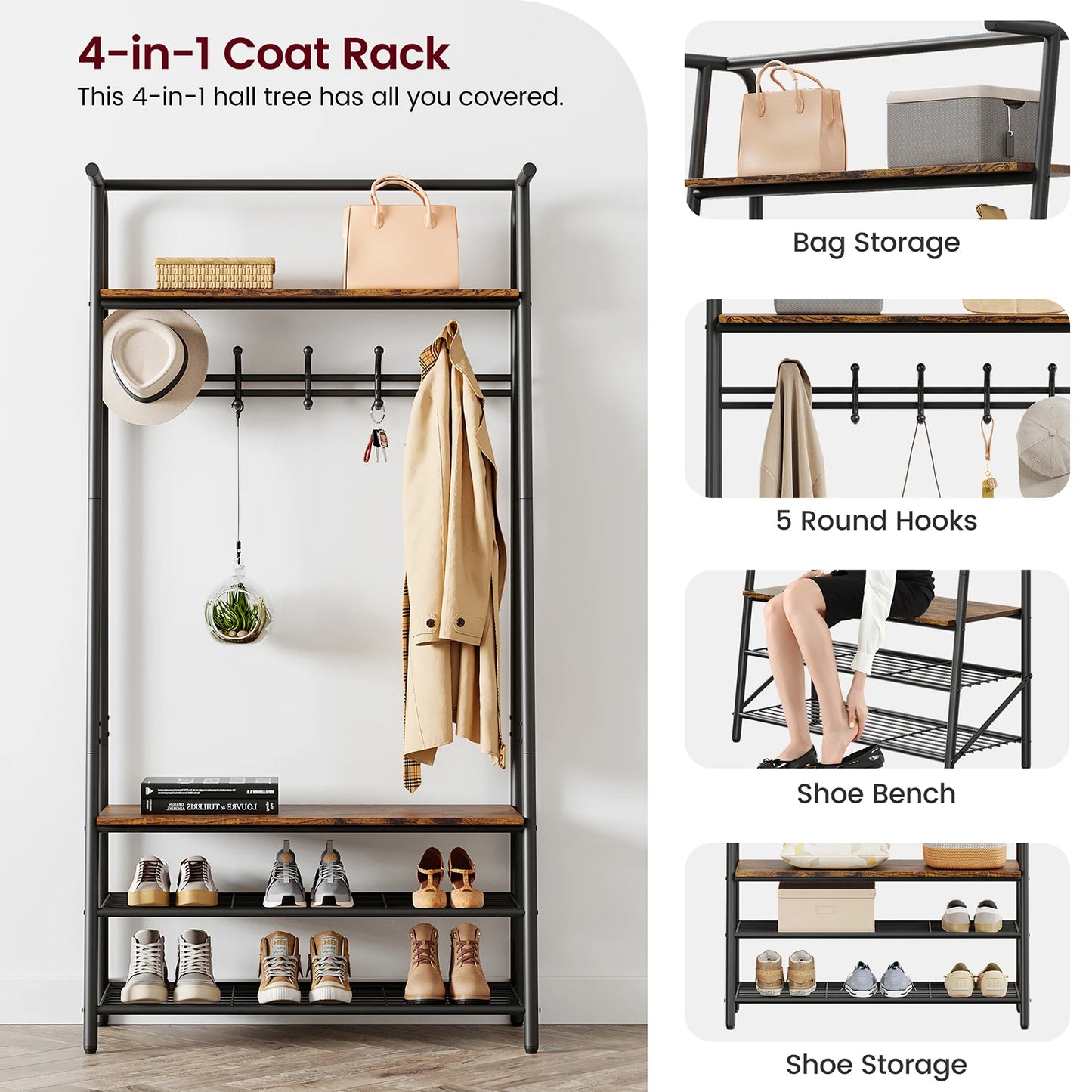 Entryway Bench with Coat and Shoe Rack