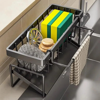1-Pack 23×9×10cm Kitchen Sink Caddy Organizer - Gray Metal Storage Rack with Drain Tray & Towel Bar, Corner Smooth Design
