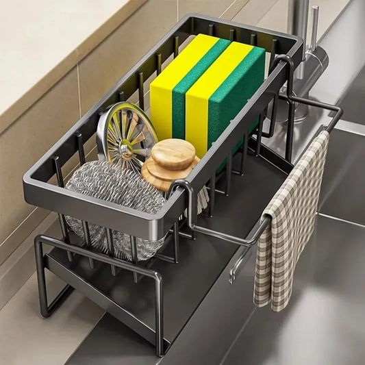 1-Pack 23×9×10cm Kitchen Sink Caddy Organizer - Gray Metal Storage Rack with Drain Tray & Towel Bar, Corner Smooth Design
