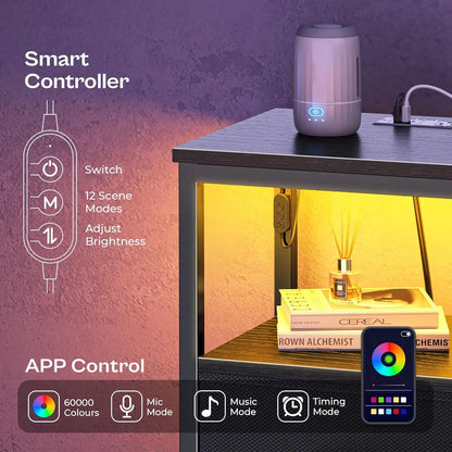 Modern Nightstand with Charging Station, LED Lights