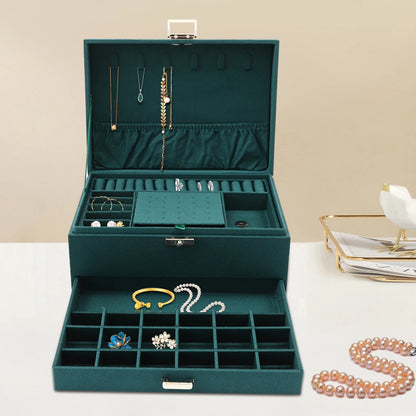 3-Tier Dark Green Jewelry Box Organizer with 15 Ring Slots 10 Earring Hooks 18 Stud Holes Drawers for Necklace Bracelet Watch