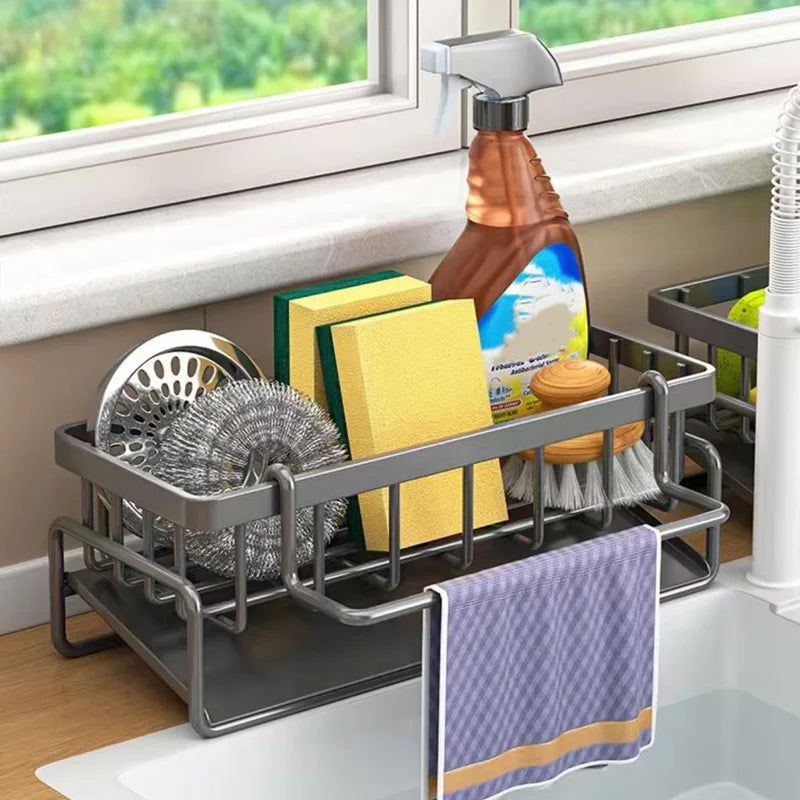 1-Pack 23×9×10cm Kitchen Sink Caddy Organizer - Gray Metal Storage Rack with Drain Tray & Towel Bar, Corner Smooth Design