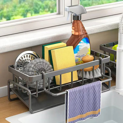 1-Pack 23×9×10cm Kitchen Sink Caddy Organizer - Gray Metal Storage Rack with Drain Tray & Towel Bar, Corner Smooth Design
