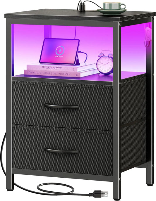Modern Nightstand with Charging Station, LED Lights