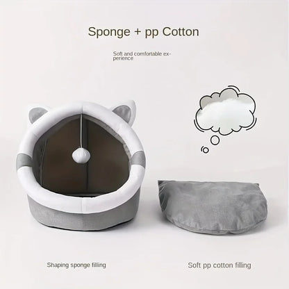 Comfortable Cartoon Cat House with Removable Pad