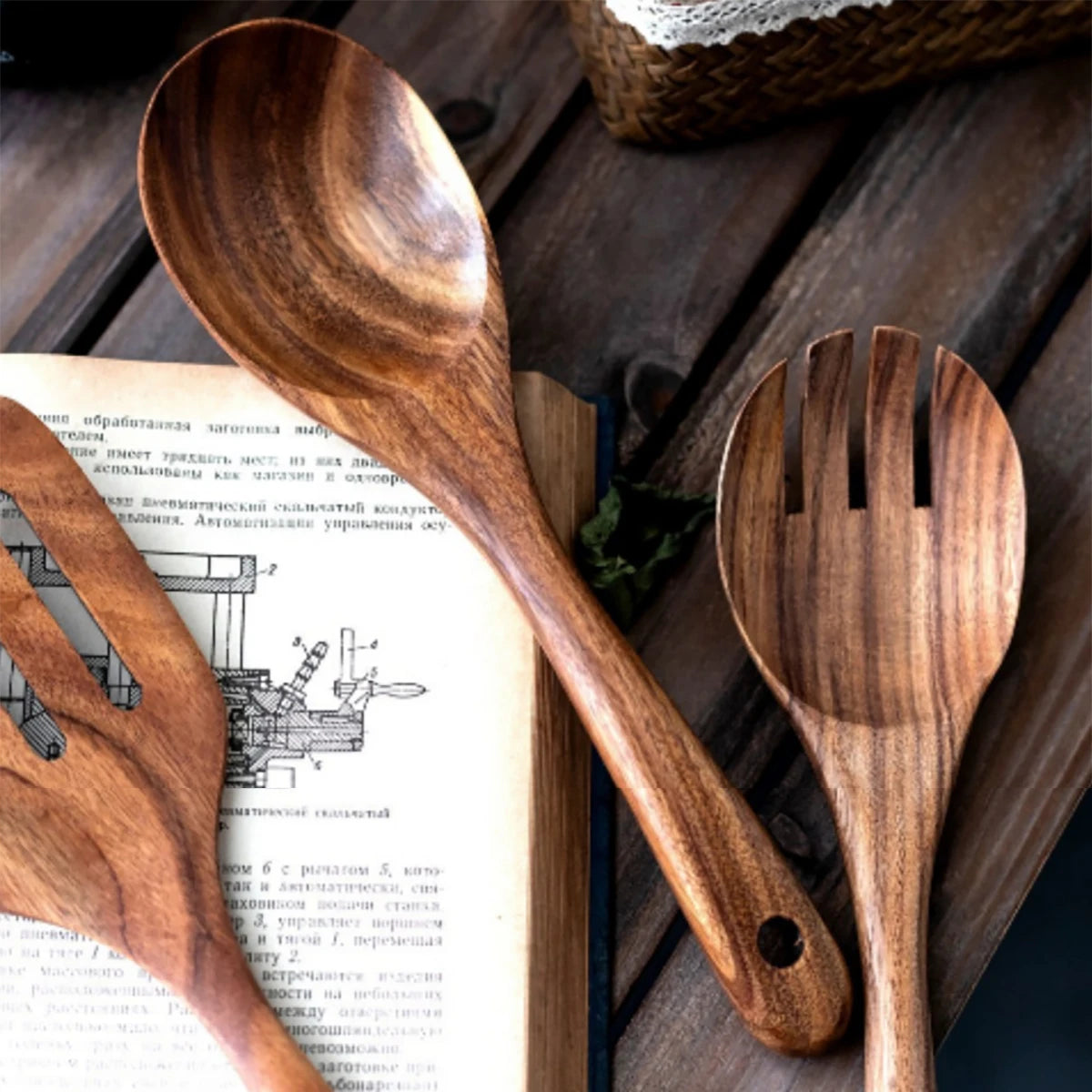 Wood Kitchenware Cooking Set With storage bucket