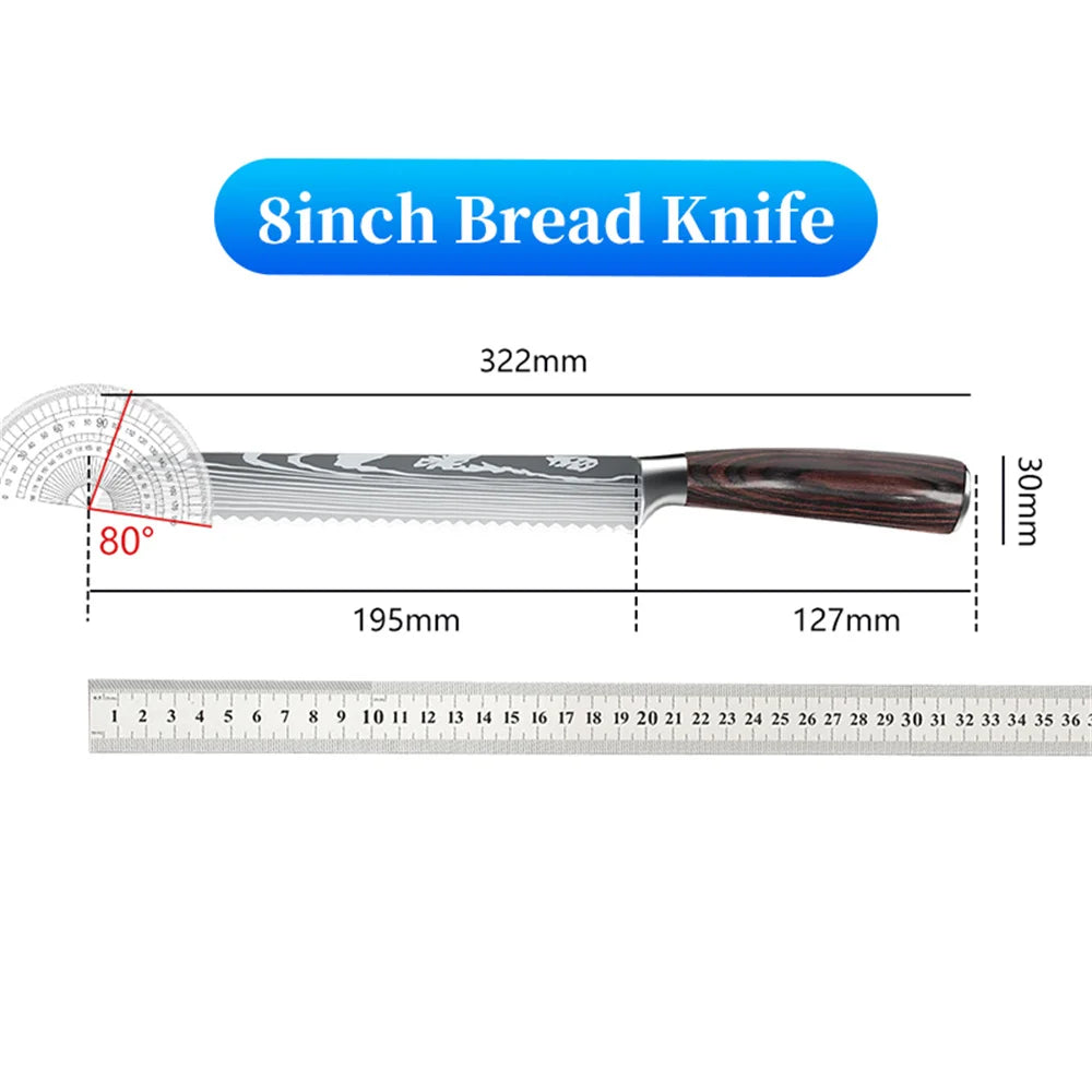 9 types of Stainless Steel Kitchen Knife,Japanese Chef Knife,Meat Cleaver,Santoku,Bread,Boning,Slicing,Fruit Knife with Gift Box