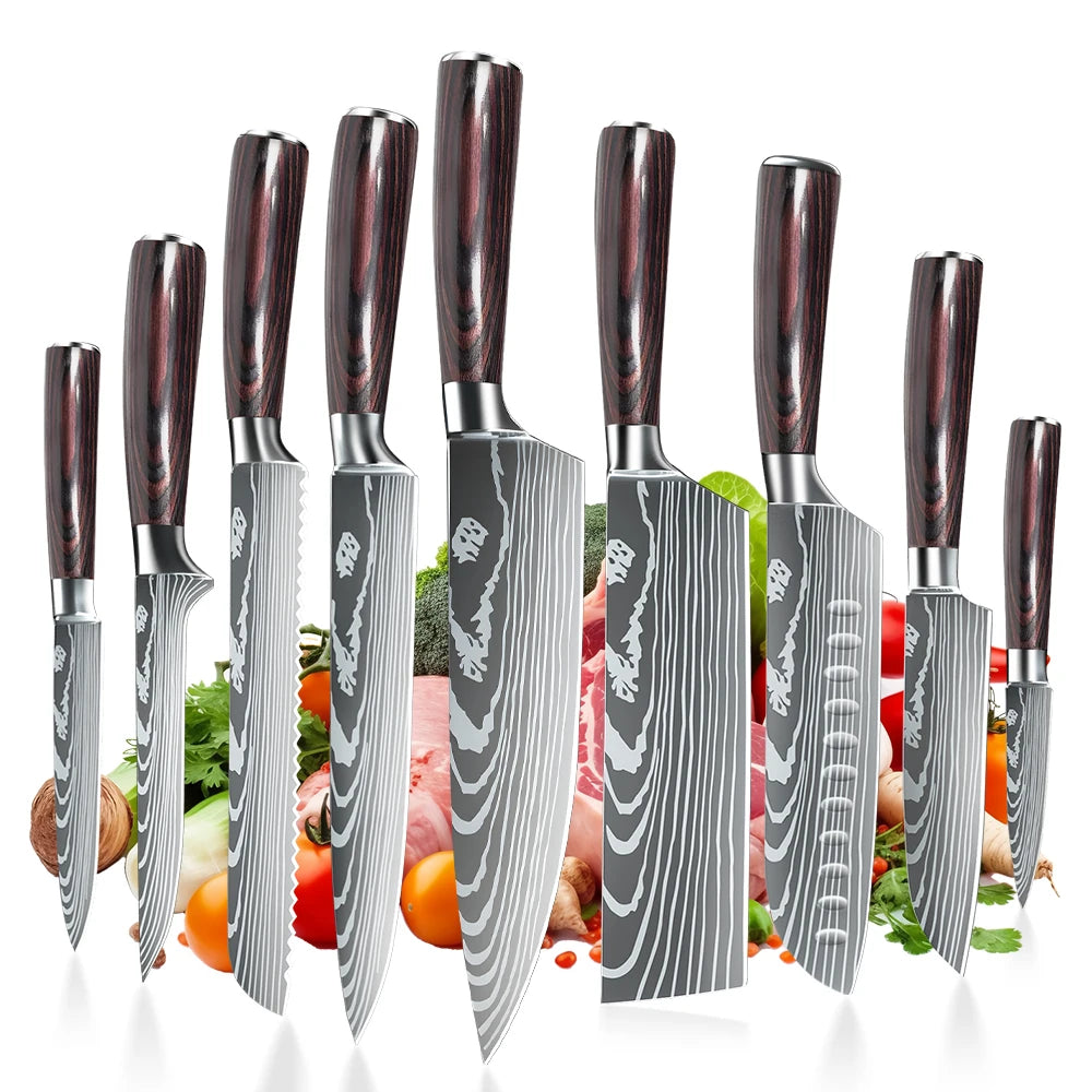 9 types of Stainless Steel Kitchen Knife,Japanese Chef Knife,Meat Cleaver,Santoku,Bread,Boning,Slicing,Fruit Knife with Gift Box