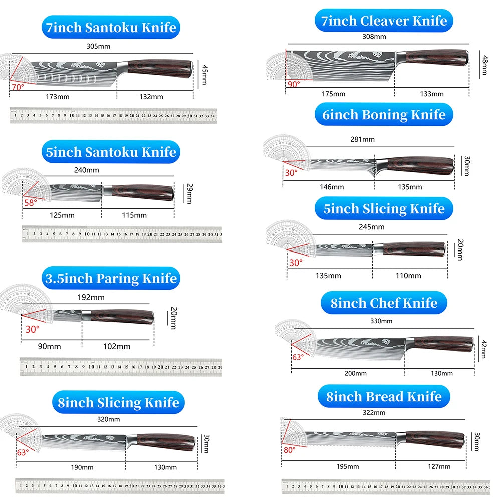 9 types of Stainless Steel Kitchen Knife,Japanese Chef Knife,Meat Cleaver,Santoku,Bread,Boning,Slicing,Fruit Knife with Gift Box