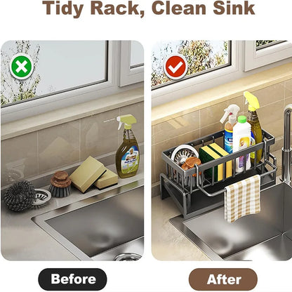Kitchen Sink Organizer Carbon Steel with Tilted Water Tray Storage Rack for Sponge Brush 23×9×10cm