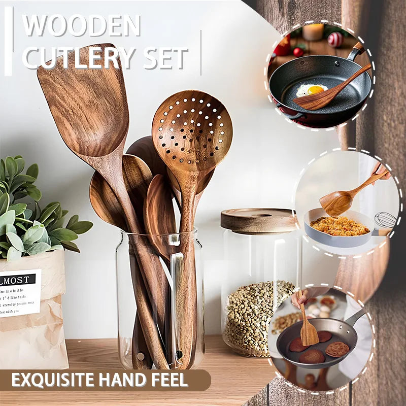 5pcs Wooden Utensil Set with Hanging Holes