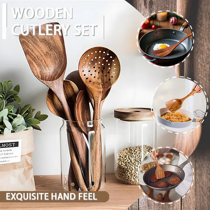 5pcs Wooden Utensil Set with Hanging Holes