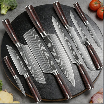9 types of Stainless Steel Kitchen Knife,Japanese Chef Knife,Meat Cleaver,Santoku,Bread,Boning,Slicing,Fruit Knife with Gift Box