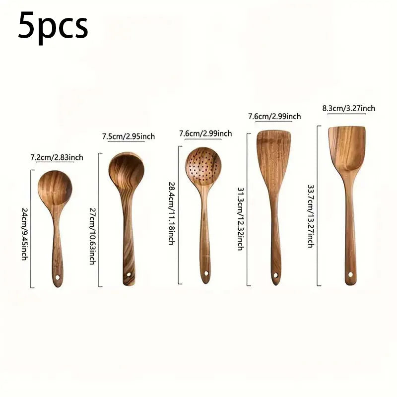 5pcs Wooden Utensil Set with Hanging Holes