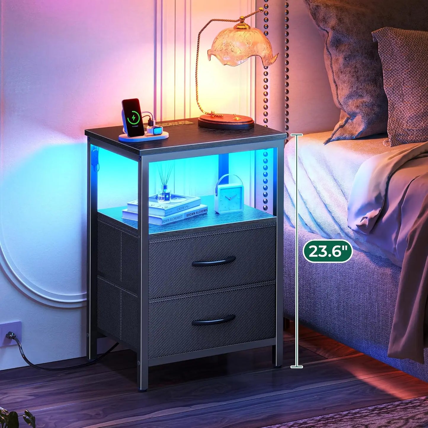 Modern Nightstand with Charging Station, LED Lights